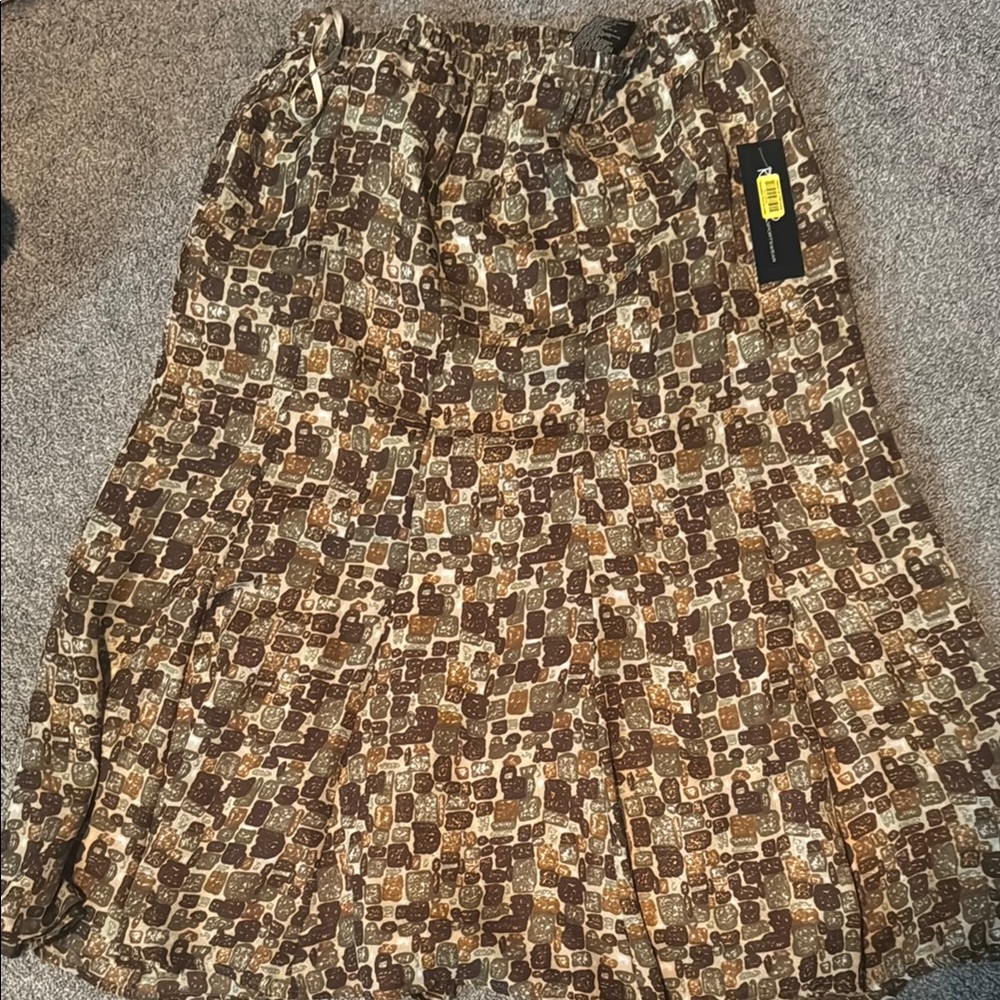 Brown and Tan Pleated A-Line Midi Skirt Kasper